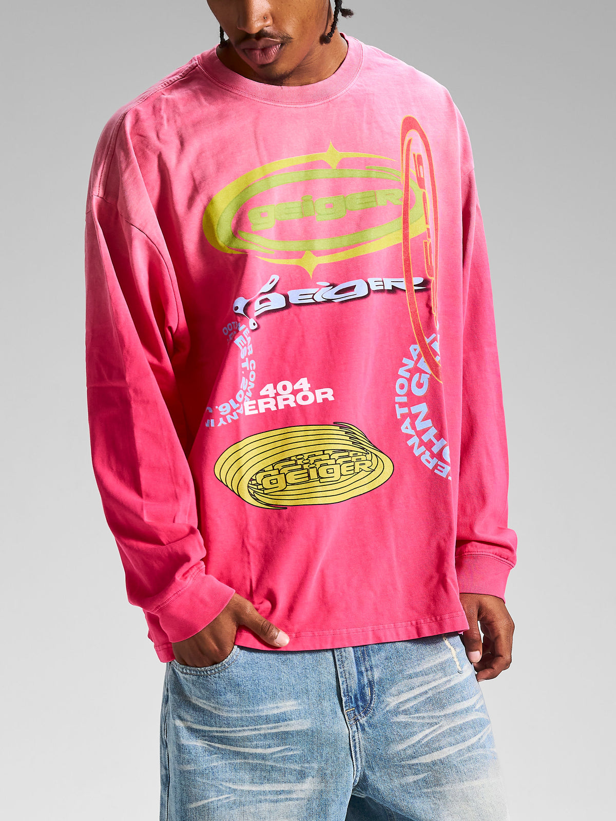"404 Error" Misplaced Long Sleeve Tee in Pink/Multi